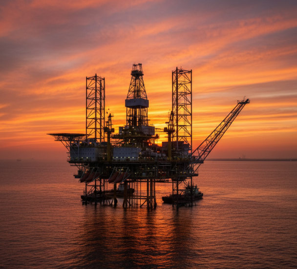 Oil rig at sunset - representing decades of offshore expertise